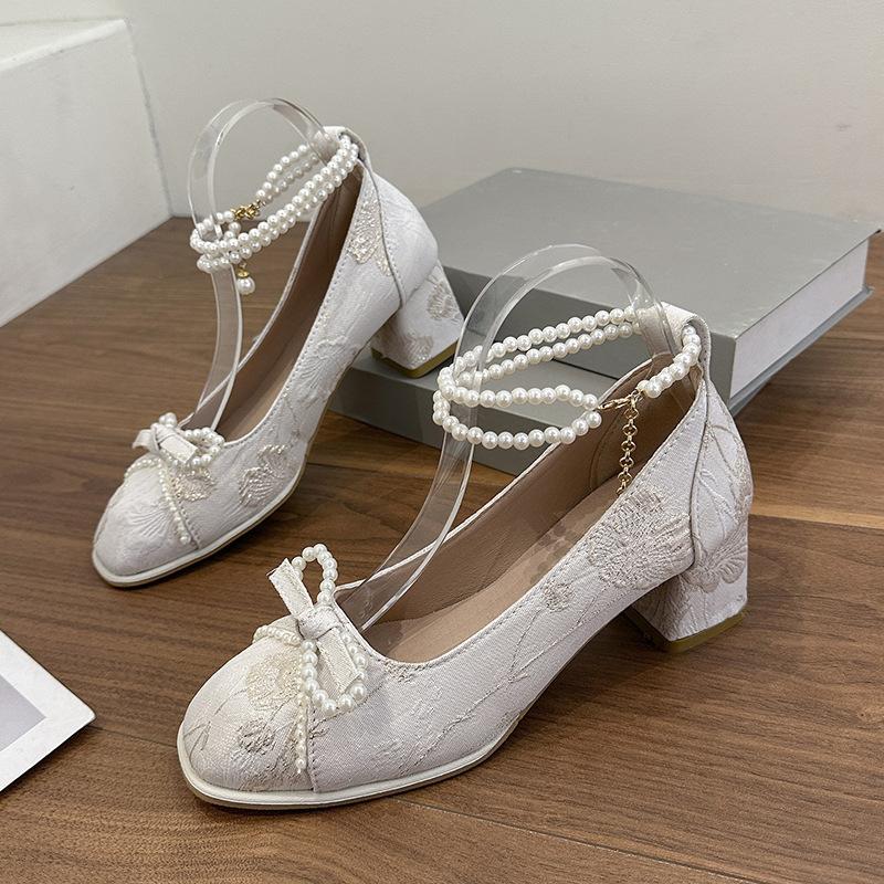High Heels Women's 2025 New Chinese Bow Pearl Chain Square Head Light Mouth Thick Heel Versatile Mary Jane Shoes