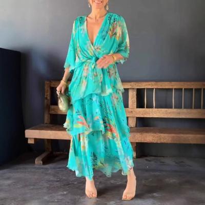 Женское платье Yousheng, многослойный подол, шнуровка, тонкая талия, красочный принт, макси-платье со средним рукавом и V-образным вырезом, праздничное платье для отпуска