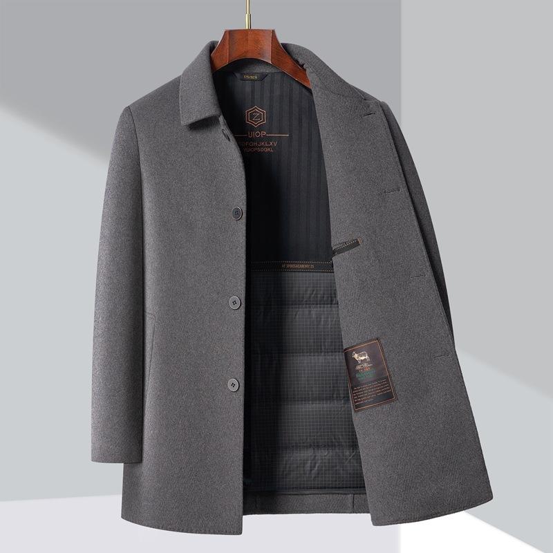 Зимнее двухстороннее кашемировое пальто для мужчин, средней длины, для деловых людей среднего возраста, ветровка с лацканами из шерсти и гусиного пуха