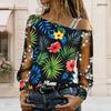 Plus Size Women Diagonal Shoulder Long Sleeve Top Tropical Hibiscus Butterfly Print Mesh Lace Splicing Blouse