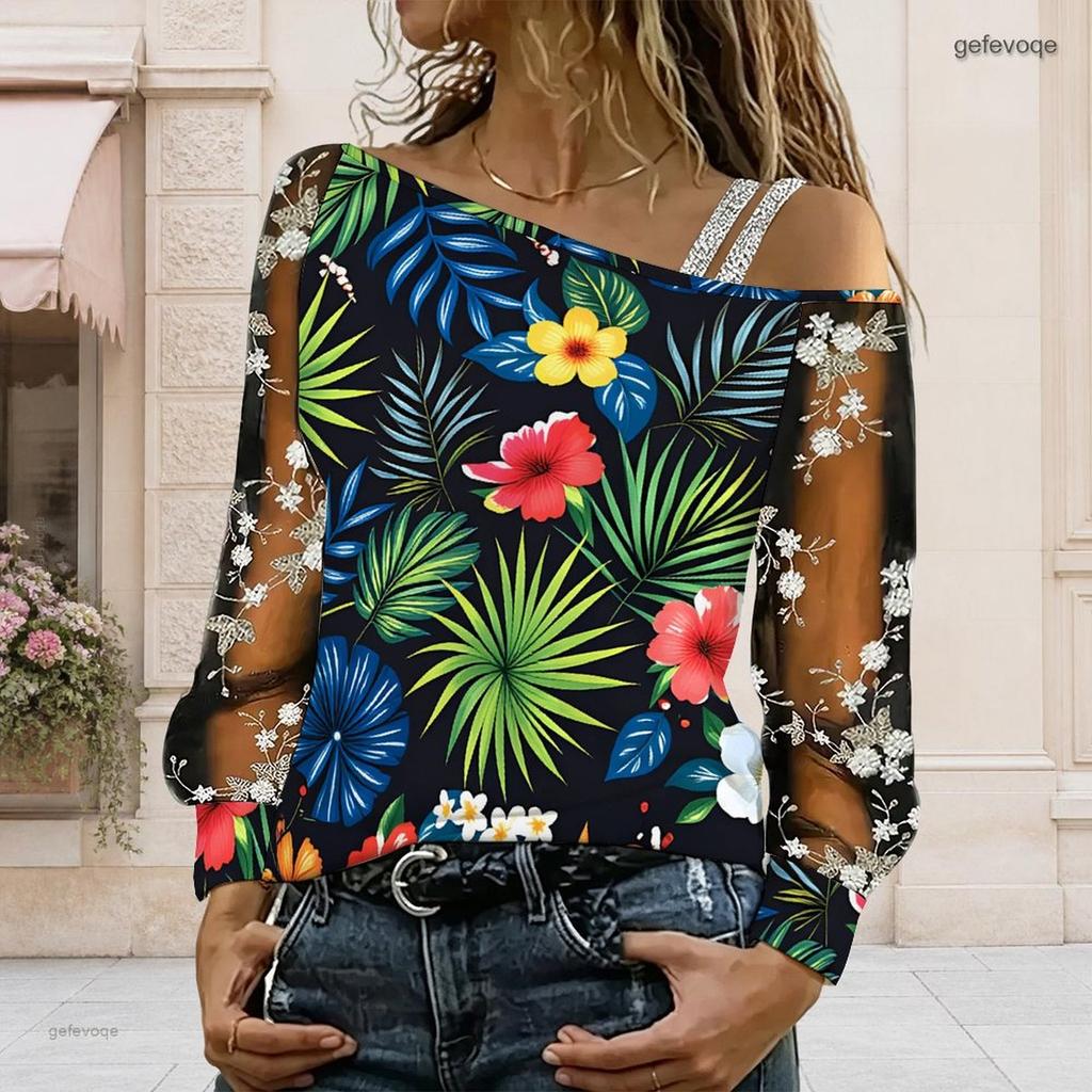 Plus Size Women Diagonal Shoulder Long Sleeve Top Tropical Hibiscus Butterfly Print Mesh Lace Splicing Blouse