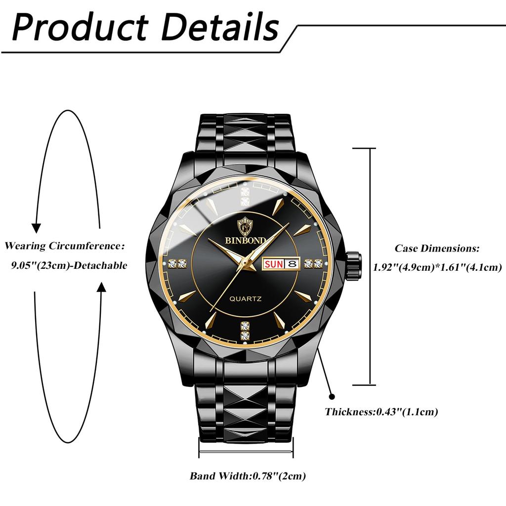 Watch with 3ATM Water Luminous Analog Stainless Stylish Quartz Fashion Accessory Perfect Gift for or Lover Men's Calendar, Resistance, Black Display,