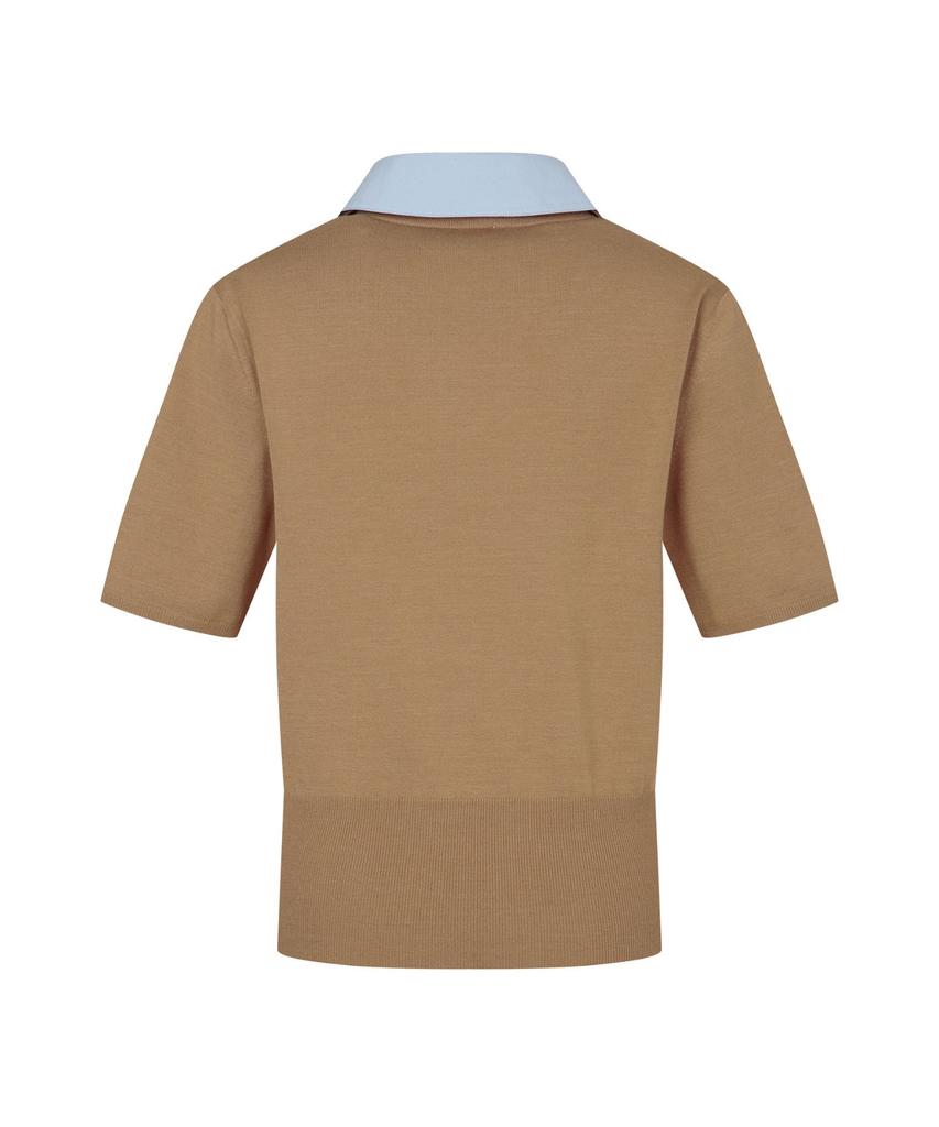 MONDAYFLOW Shirt Layered Knit Top Short Sleeve_Camel