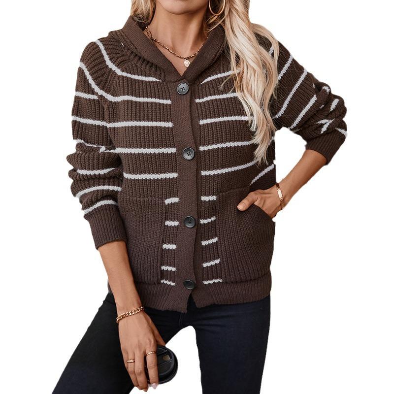 Women's Hooded Knit Loose Pocket Striped Cardigan Sweater