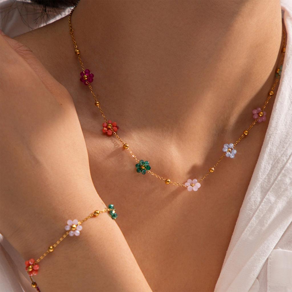 Elegant Crystal Flower Necklace/Bracelet for Women Gold Color Bead Chain Statement Jewelry Fashionable Accessories