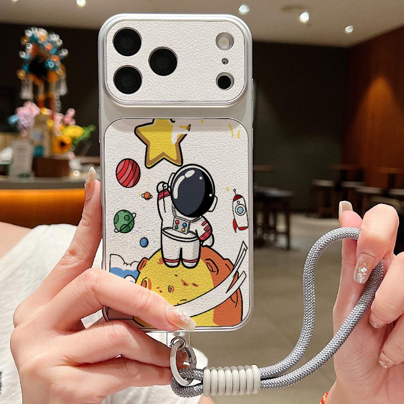 Cartoon Astronaut Pattern Leather Lanyard Case For iPhone 18 Pro Max Hybrid TPU+PU Anti-skid Soft Cover For iPhone 17 16 15 14 13 Pro Max