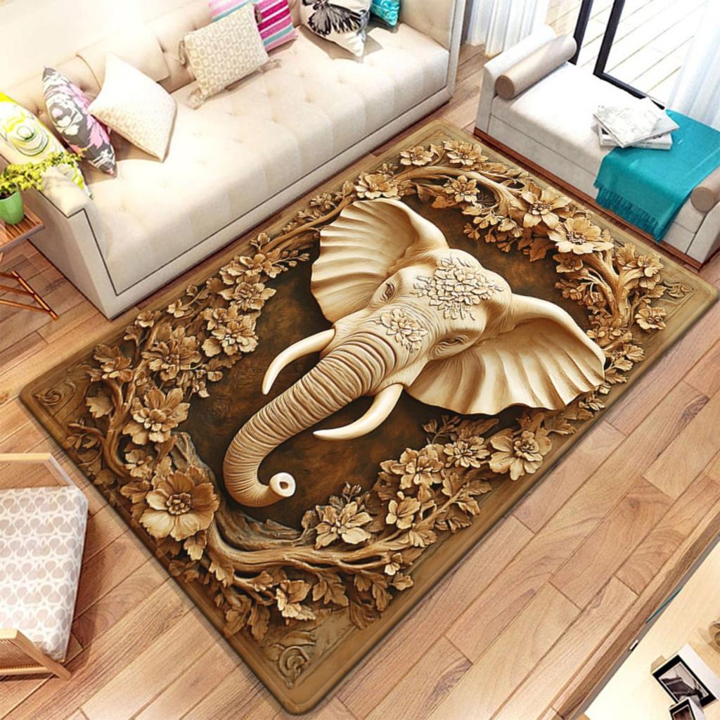 3D Carved Elephant Flower Crystal Velvet Rug Boho Style Living Room Floor Mat Natural Wood Look Anti Slip Area Carpet