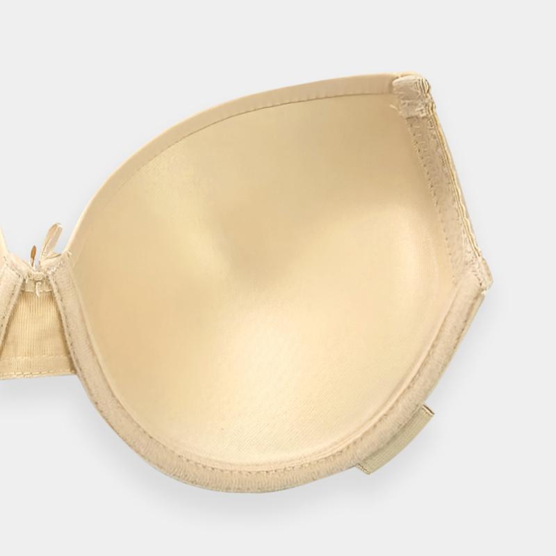 Women Beige Invisible Bra and Thong Set Clear Shoulder & Back Straps Lingerie Set Padded and Underwire Push Up Brassiere for Party Dress