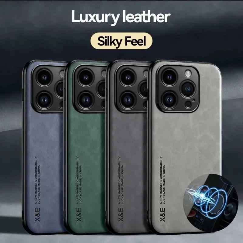 Кожаный чехол для For Iphone 17 16 16e 1 14 13 12 11 Pro Max Plus 13 12 Mini SE 8 7 Чехол с металлической пластиной-подставкой Автомобильный держатель