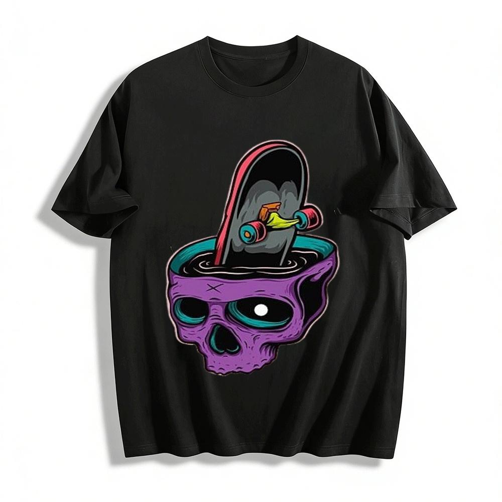 Футболка с принтом черепа на скейтборде Streetwear Повседневная Унисекс С коротким рукавом Чисто хлопковая футболка