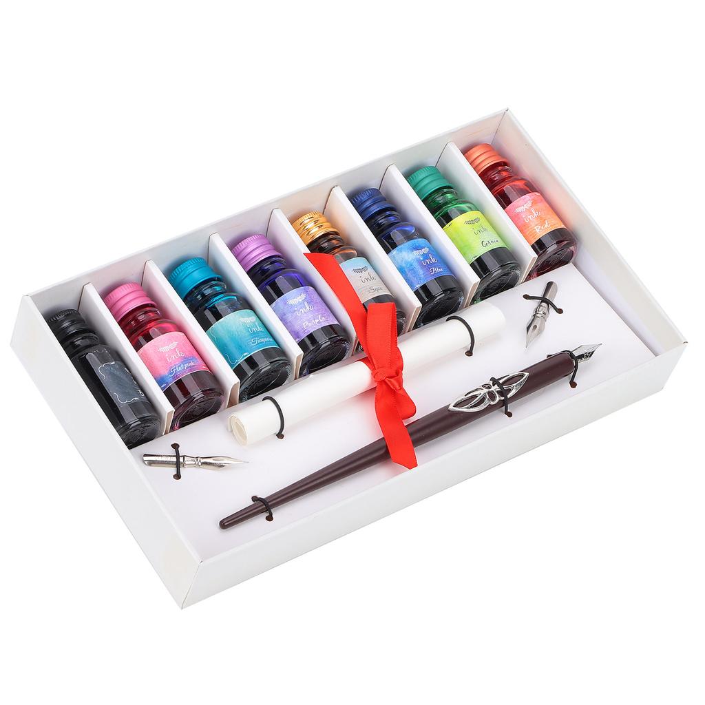 Dip Pen 8-Color Ink Wooden Pole Calligraphy Fountain Pen Gift Box Set with Replaceable Nib