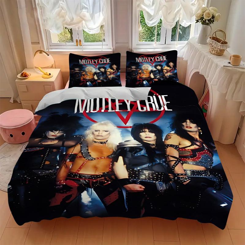 Набор пододеяльников Motley Crue, Glam Metal, 3 предмета - Можно стирать в машине, Включает 1 пододеяльник и 2 наволочки, Наполнитель не входит в комплект, Для дома, Все сезоны