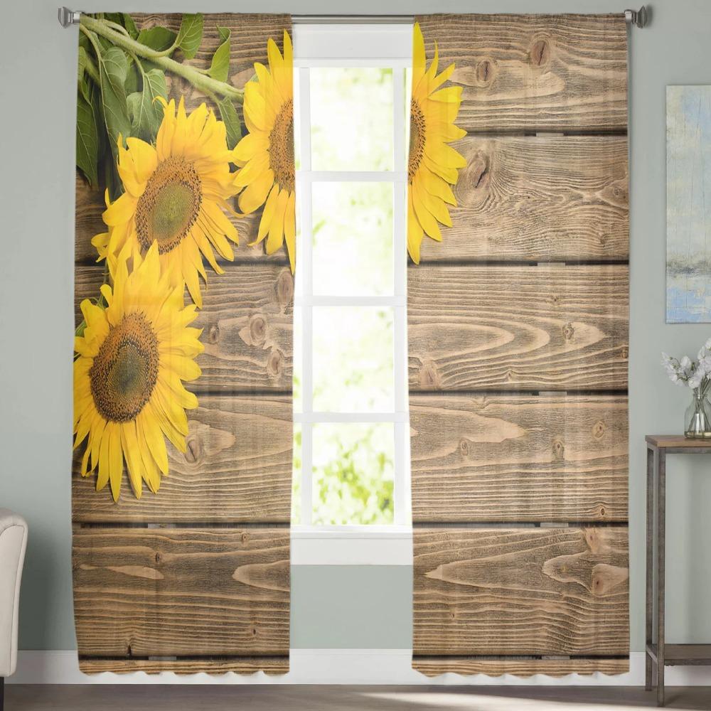 Sunflowers Wood Boards Translucent Drape ideal for Living Room Voile for Window Opening Shades Bedroom Tulle Drape Kitchen Cortinas Hall Curtains