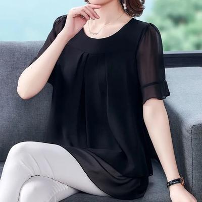Женская летняя блузка из шифона с коротким рукавом, большого размера, свободного кроя, элегантный топ, скрывающий живот