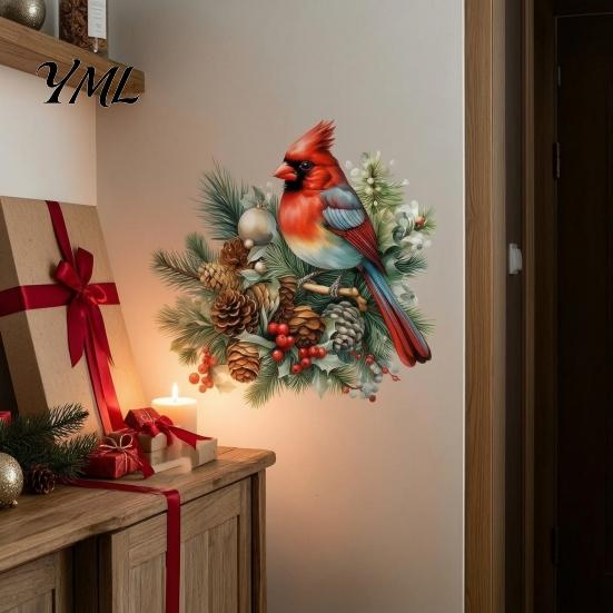 DIY Holiday Scene Wall Decor Christmas Bird Sticker, Decorative PVC Decal with Pine Branch Cone And Festive Indoor Outdoor Glass Decals Red