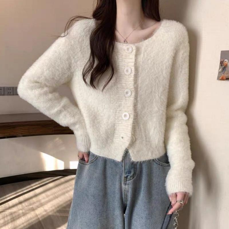 Розовый норковый флисовый свитер, кардиган, женский осенне-зимний высококачественный вязаный топ, милый мягкий клейкий короткий свитер, пальто