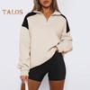 Весна Осень Женская толстовка Отложной воротник Длинные рукава Свободный полумолния Контрастный цвет Уличный стиль Топ средней длины