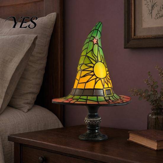 Halloween Nightstand Lamp Stained Glass Witch Hat Lamp, USB Powered Night Light for Bedroom Shelf Cozy Lighting Decor, Warm Glow Gothic Table