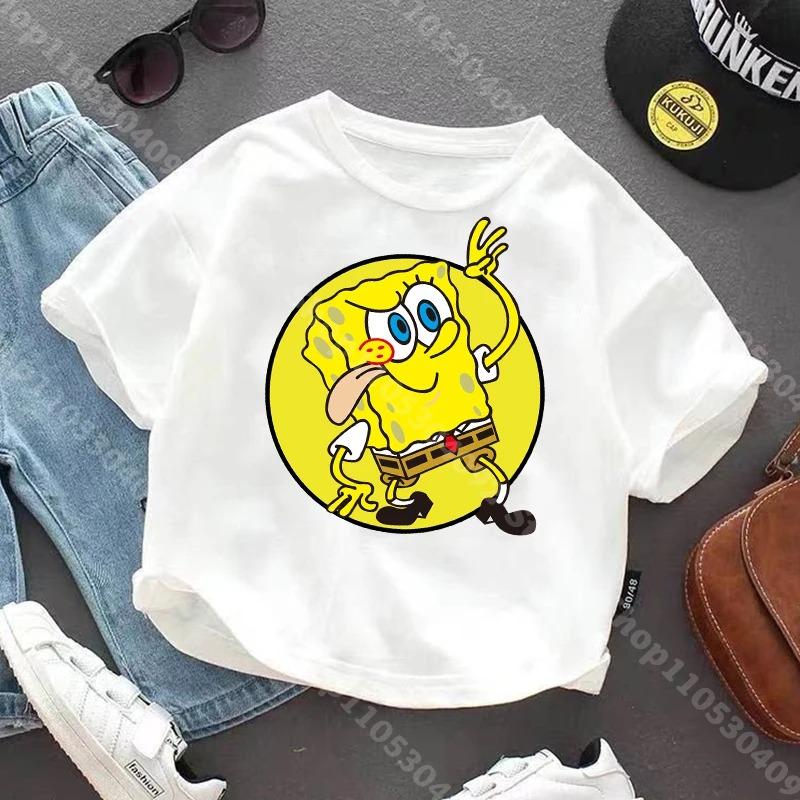 Shortsleeve Tshirt for children of SpongeBobcotton jersey with Anime character print casual summer Tshirts with round neck