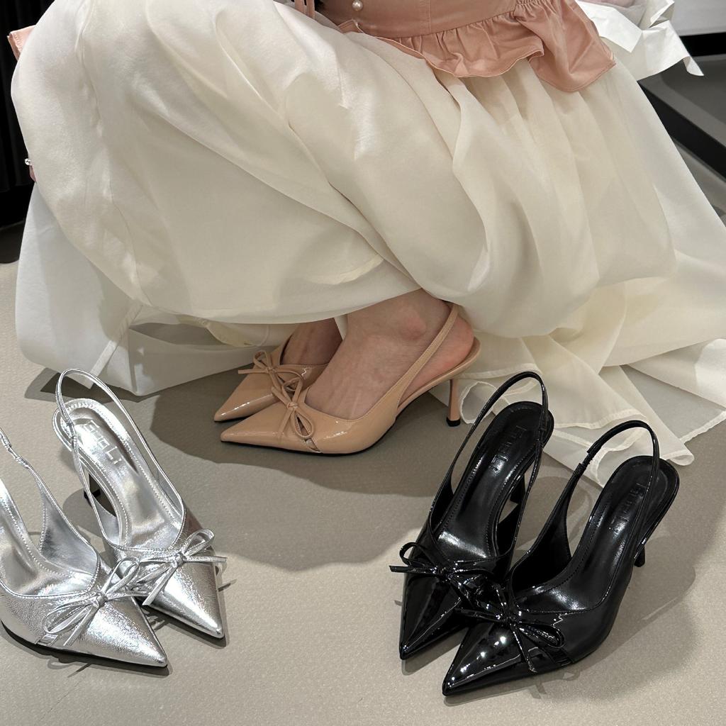 Pointed Bow Bag Head Sandals Women's 2025 Summer New Back Strap French Stiletto Middle Heel Shoes High Heel Single Shoes