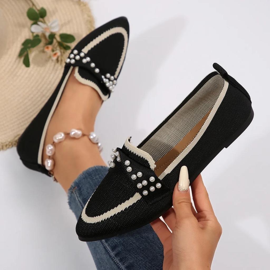 Women Flats 2025 New Knitted Slip Breathable Comfortable Solid Color Shoes Casual Pointed Toe Walking Loafers Sneakers Women