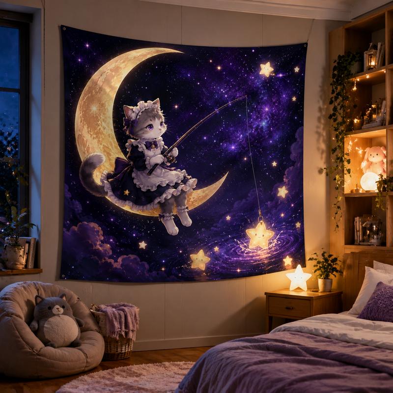 Starry Moon Galaxy Fishing Cat Maid Tapestry Dreamy Starry Sky Cute Cat Maid Printed Hanging Cloth Anime Room Decoration