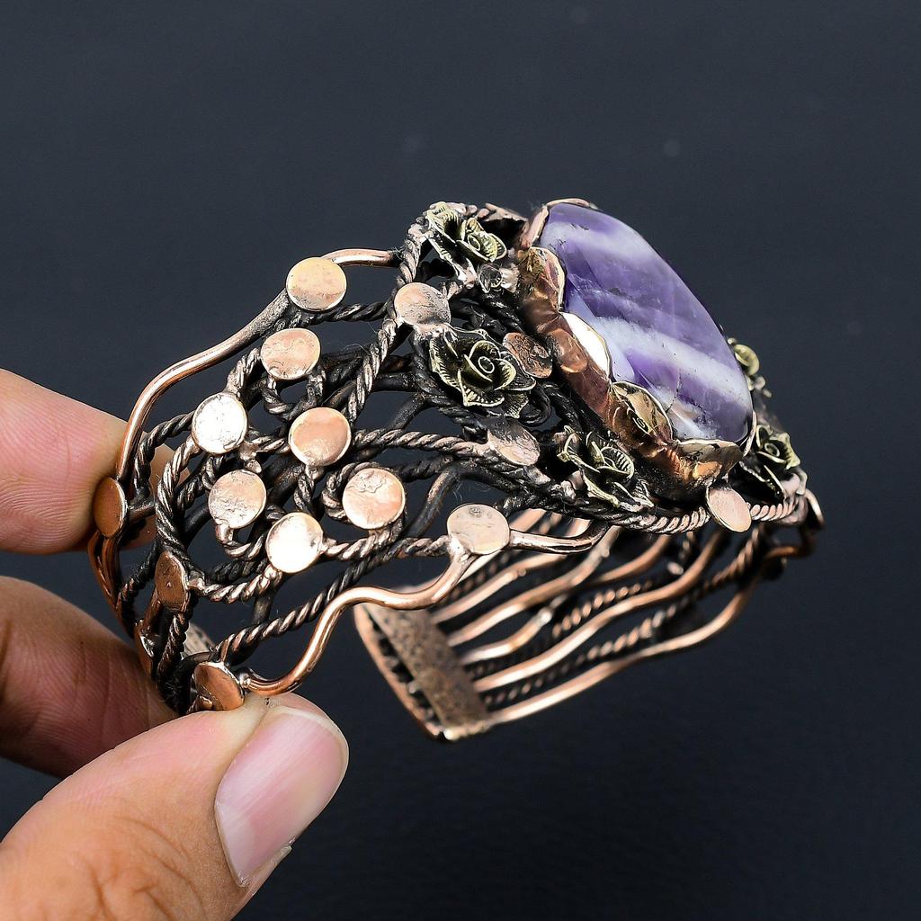 Шалфей Аметист Драгоценный камень Чистая медная проволока Обернутая вручную манжета/браслет Ювелирные изделия