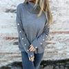 Women Sweater Turtleneck Long Sleeve Ribbed Trim Knit Tops Solid Color Loose Hem Buttons Decor Knitwear