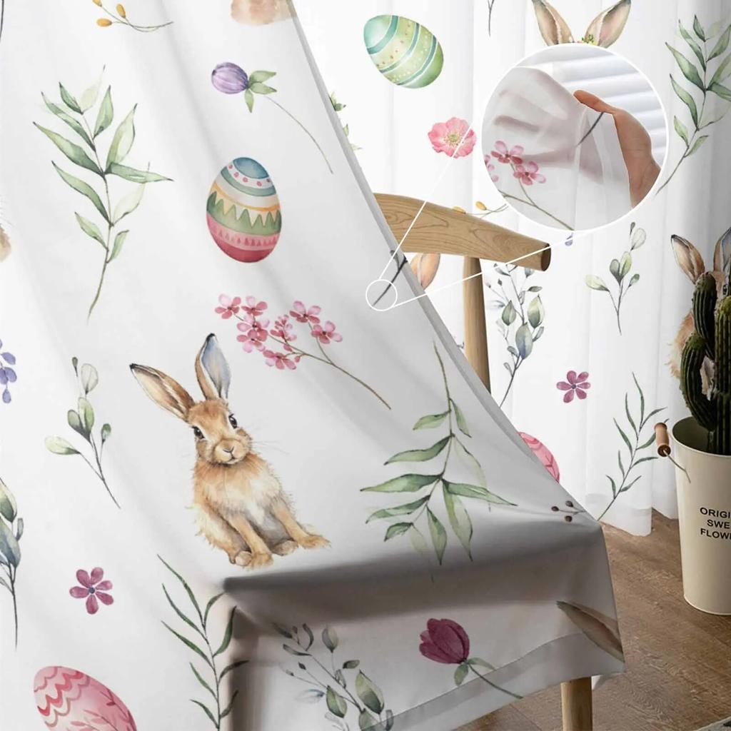 Пасхальные яйца, кролик, весенние цветы, прозрачные шторы для гостиной, кухни, оконные шторы, тюлевые занавески для спальни, вуали