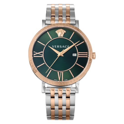 VERSACE Men's V-ETERNAL Watch (VENCA0424) with Quartz Movement, Water Resistant, Sapphire Crystal, Green Dial, and Stainless Steel