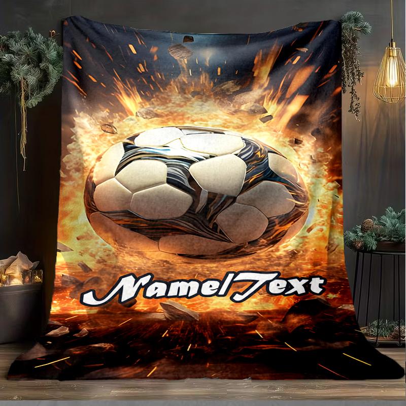 1PC Custom Name Soccer Ball Flames outdooor Flannel blankets Throw Blanket All-Season Throw Gift Bedspread for Couch, Bed, Camping Holiday Birthda