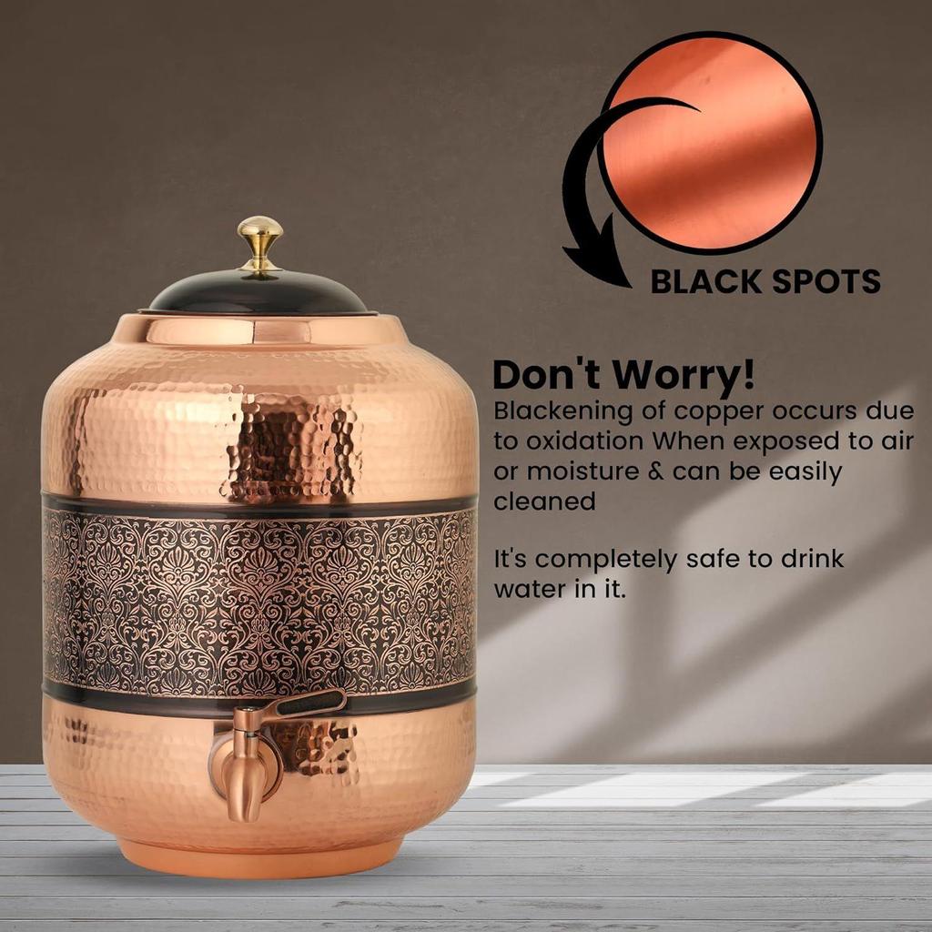 Copper Hammer Carving Water Matka Vessels Container Pot with Stainless Steel Tap 11 Litre AND Premium Copper Water Glass With Carving Design Set Of 6