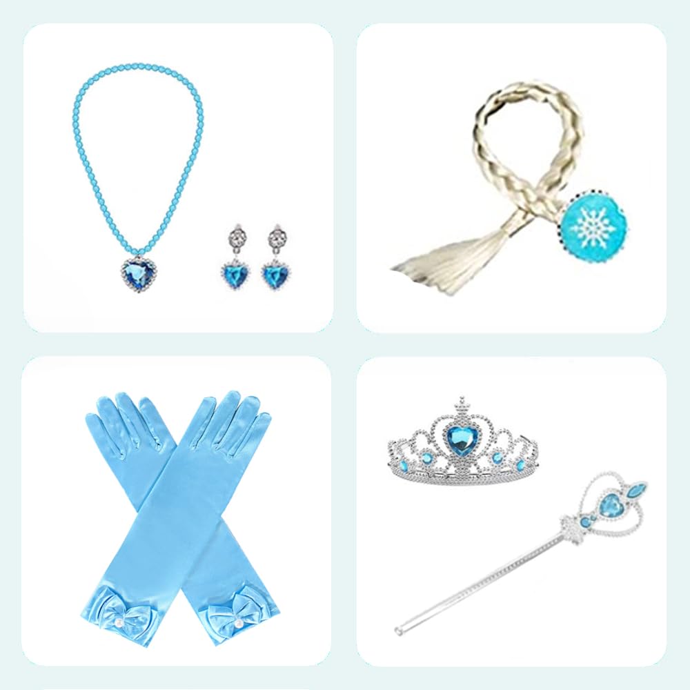 Princess Dress for Kids Cosplay Costume Luxury Set Ice Blue Ribbon Braided Heart Magic Original 110cm NT331 [CREDIBLE] 8-piece - (Princess Dress,