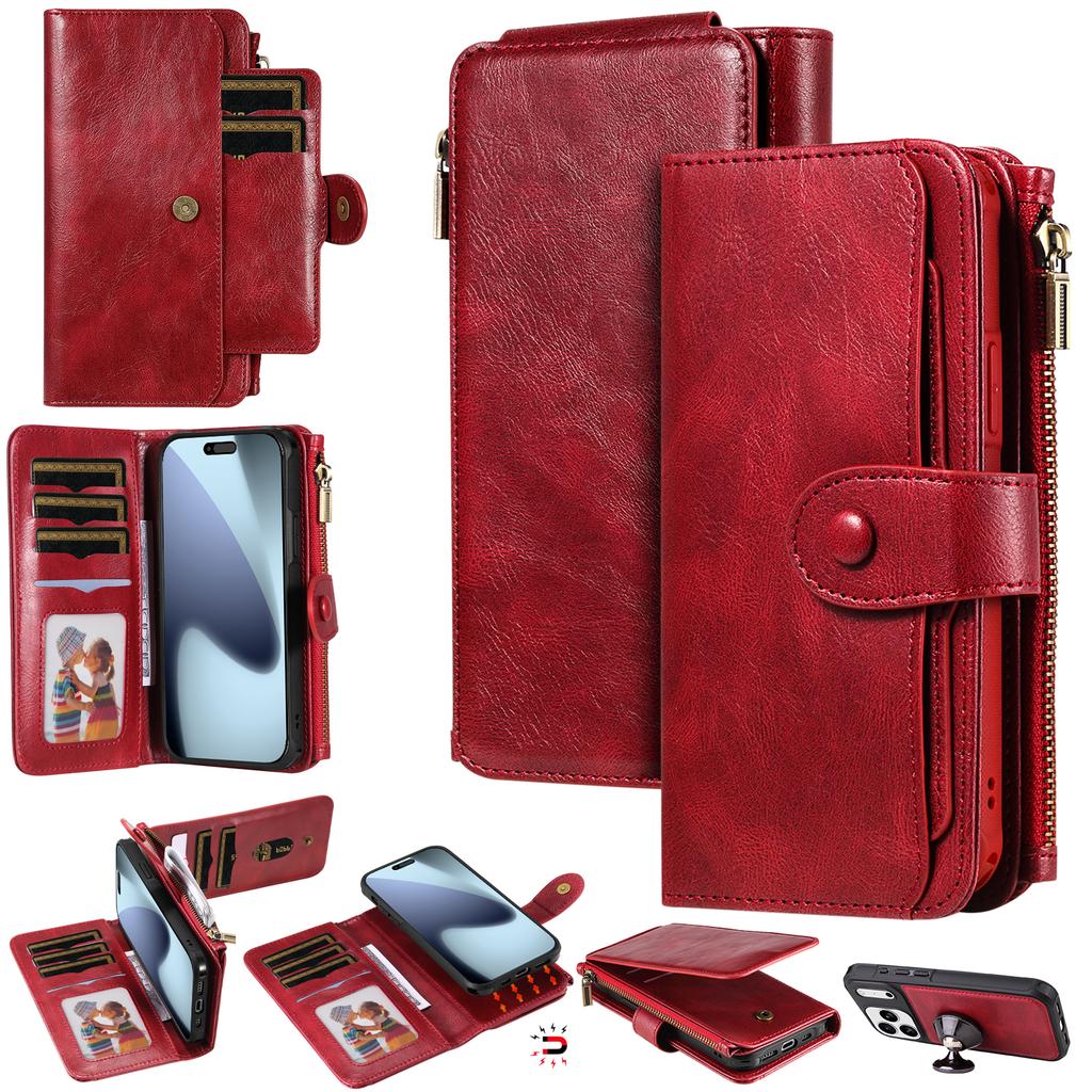 For iPhone 17 Pro Max Phone Case PU Leather Zipper Wallet Detachable Cover