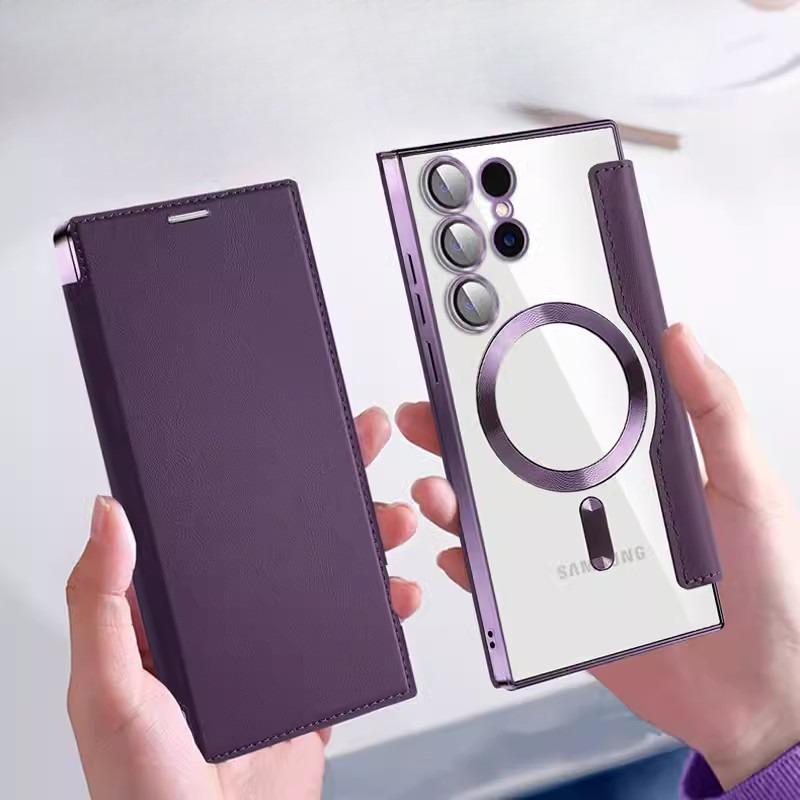 Samsung S25FE Гальванизированный Золотой Щит Магнитный Кожаный Чехол Чехол для Мобильного Телефона A56 Полная Защита Чехол-книжка Защитный Чехол