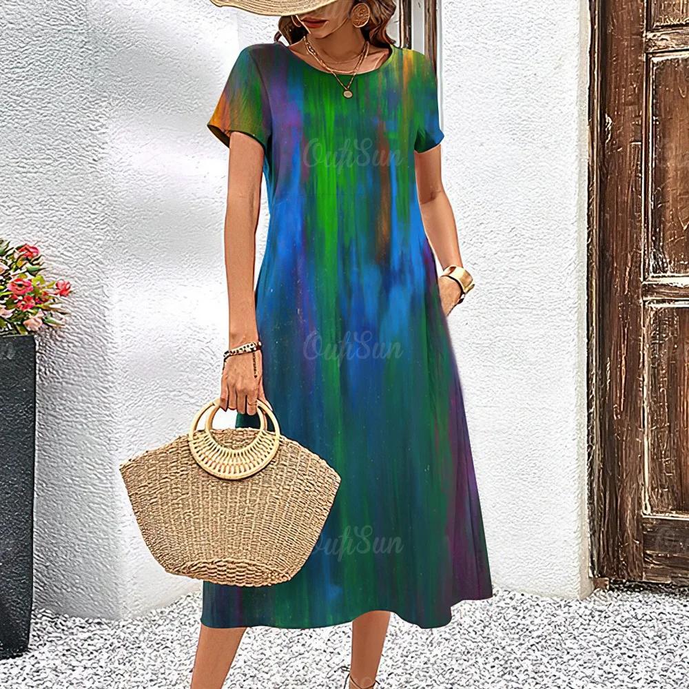Летние платья с короткими рукавами, стильная женская одежда с контрастными цветами, длинное платье с принтом 3D Tie-Dye, женская одежда, свободный свитер с круглым вырезом