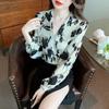 Осенняя мода 2024 года, шифоновая блузка с длинным рукавом и V-образным вырезом для офиса, женская рубашка с принтом, женские топы, блузки, рубашки J498