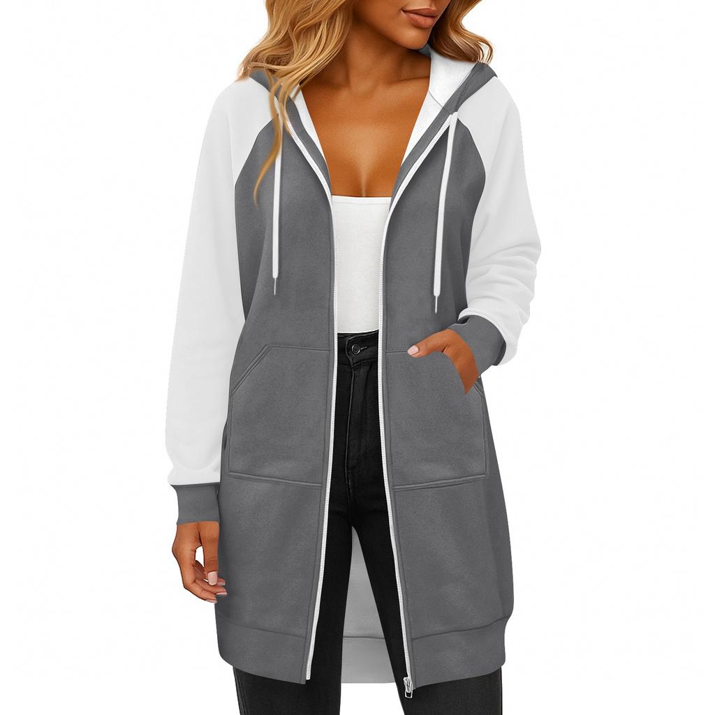 Women's Fashionable Color Blocked Long Sleeved Drawstring Hooded Zipper Pocket Long Casual Sweatshirt Jacket