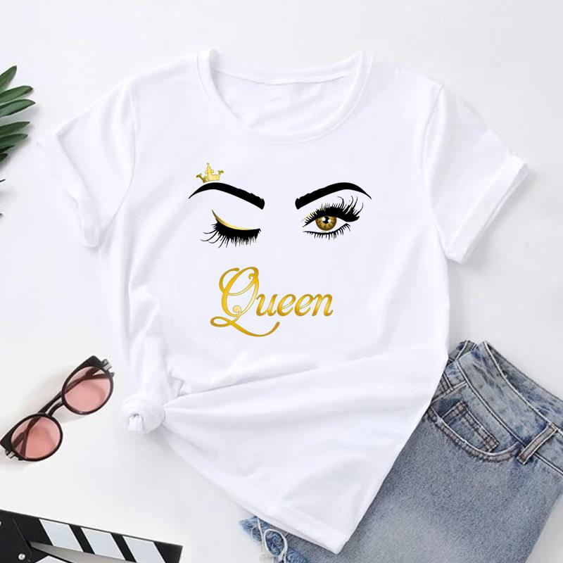 (Asian Size) Women Print Tee Top Fashion Eye Lashes Style Cute Trend 90s T Shirt Woman Female Clothing Short Sleeve Graphic T-shirts