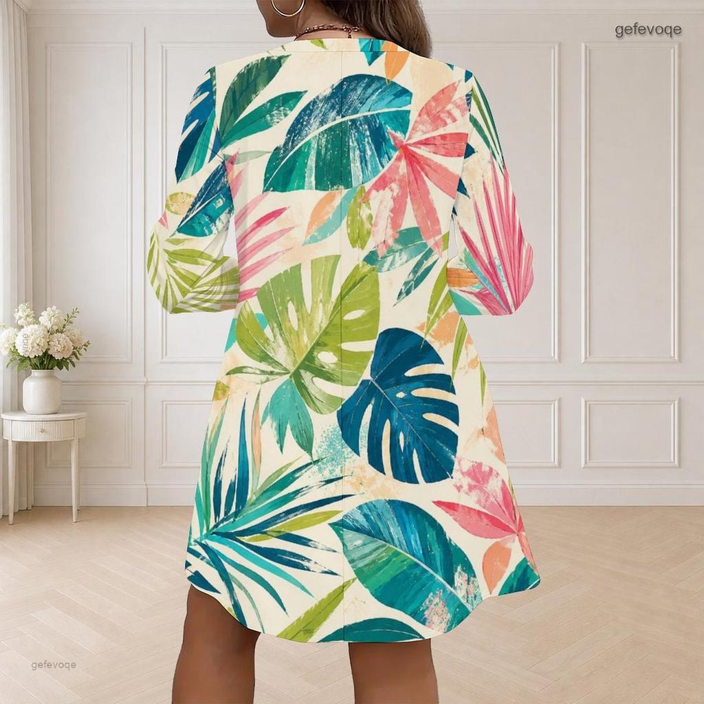 Women Plus Size V Neck Long Sleeve Loose Fit Curved Hem Printed Dress