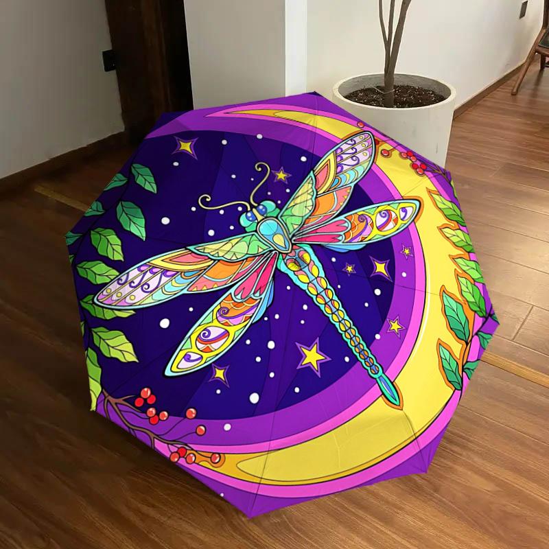 Colorful Dragonfly Moon Phase Automatic Opening Umbrella - Portable Folding Design with 8-Bone Iron Frame, Perfect for Outdoor Use, Festive