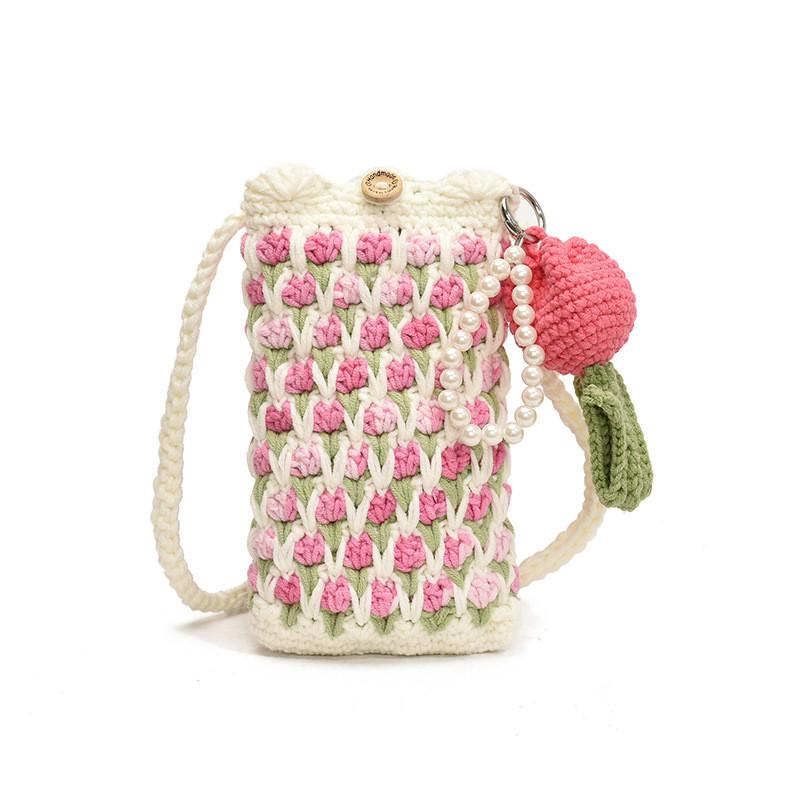 Urban Minimalist Knitted Crossbody Bag With Floral Embroidery And Single Strap For Daily Use