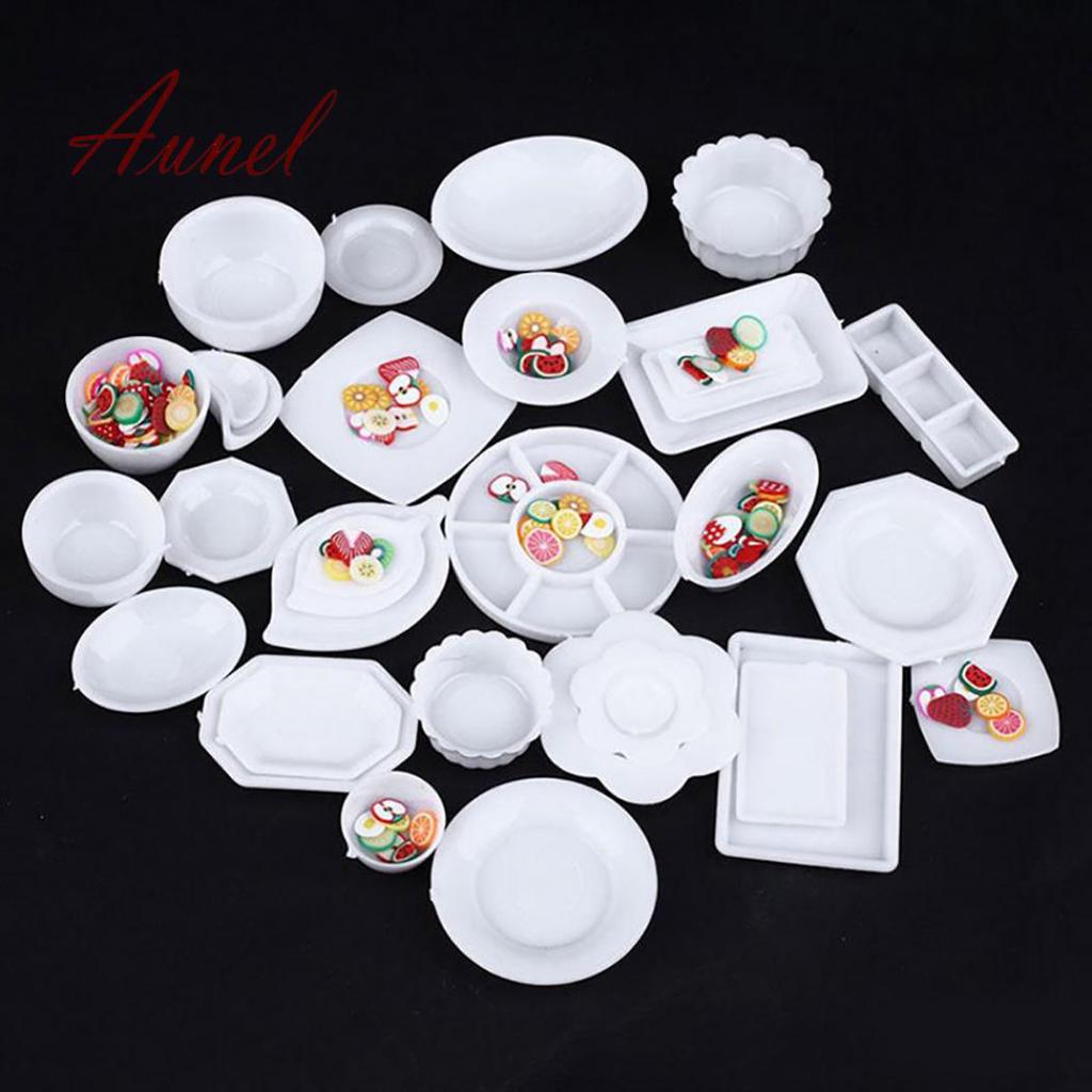 33Pcs 1:12 Dollhouse Miniature Kitchen Tableware Plastic Mini Plate Dishes Set