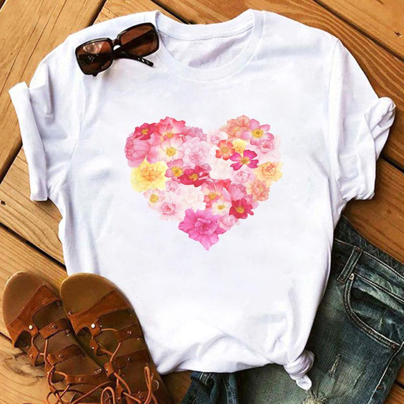 Love Flower Half Sleeve Cartoon White Letter Tshirt Women Wholesale Round Neck Tshirt Women Oversized T Shirt