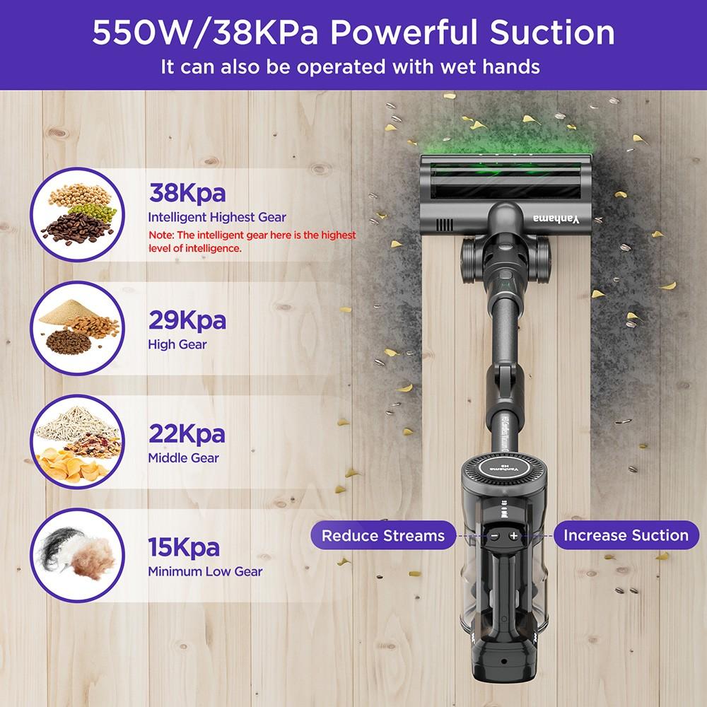 Беспроводной пылесос Yanhama H3, мощность всасывания 38 кПа/550 Вт, максимальное время работы 60 мин.