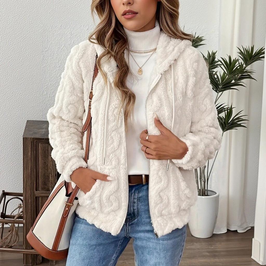 Women's Plush Jacket, Casual Solid Color Hooded Drawstring Jacket