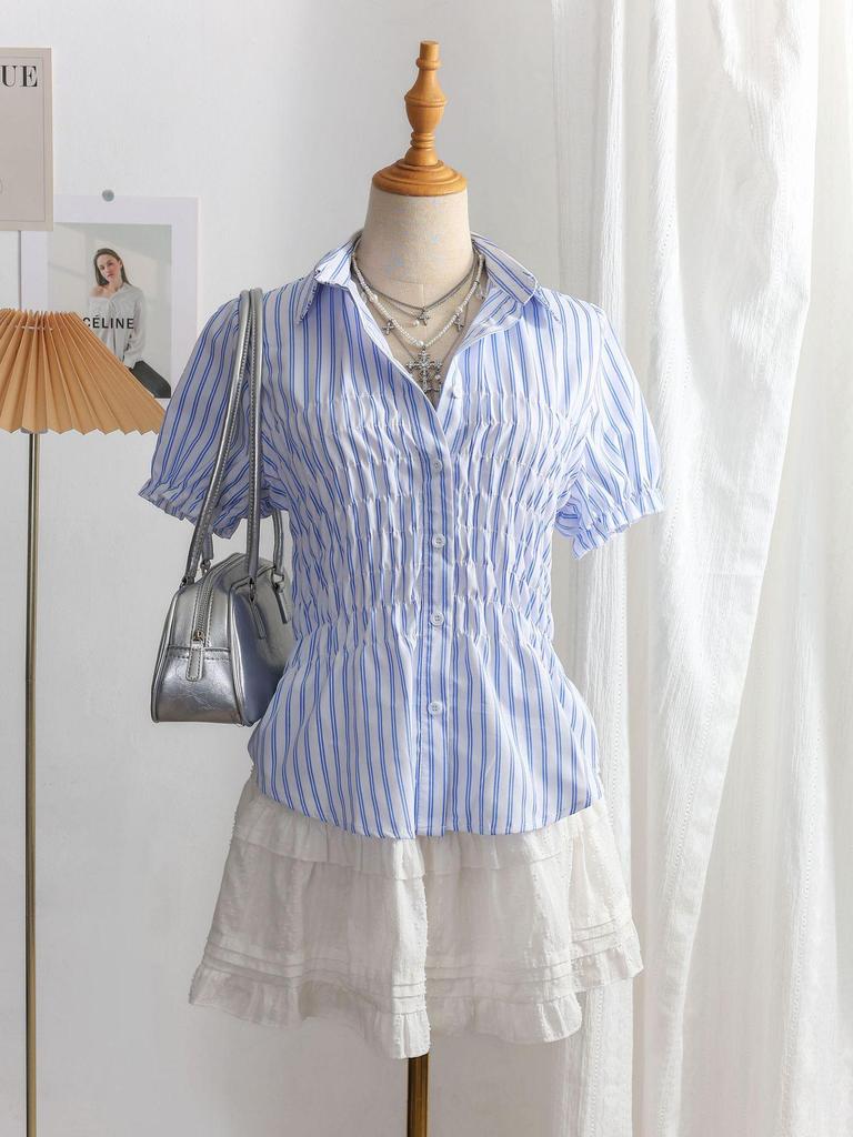 Летняя ретро рубашка в клетку Color Block с лацканами 2025 - Приталенная, с коротким рукавом