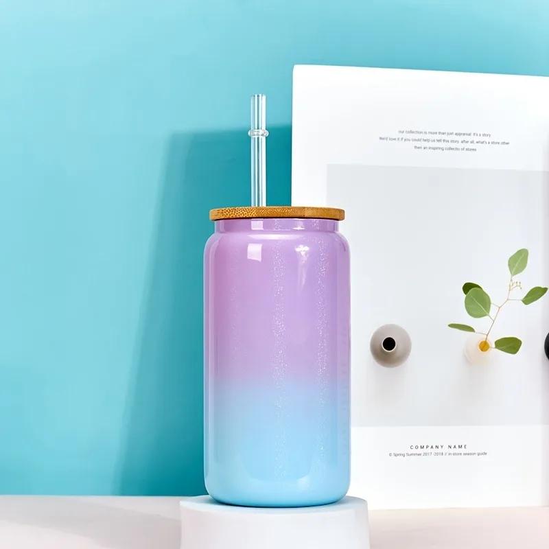 1pc 16oz Glass Tumbler Glitter Glass Jar Shimmer Beer Mug Can Shaped Drinking Glass With Bamboo Lid And Reusable Straw DIY Gifts
