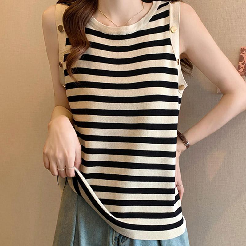 Майки женские летние 2025 года без рукавов с круглым вырезом черные полосатые трикотажные тонкие майки женские топы JJ228