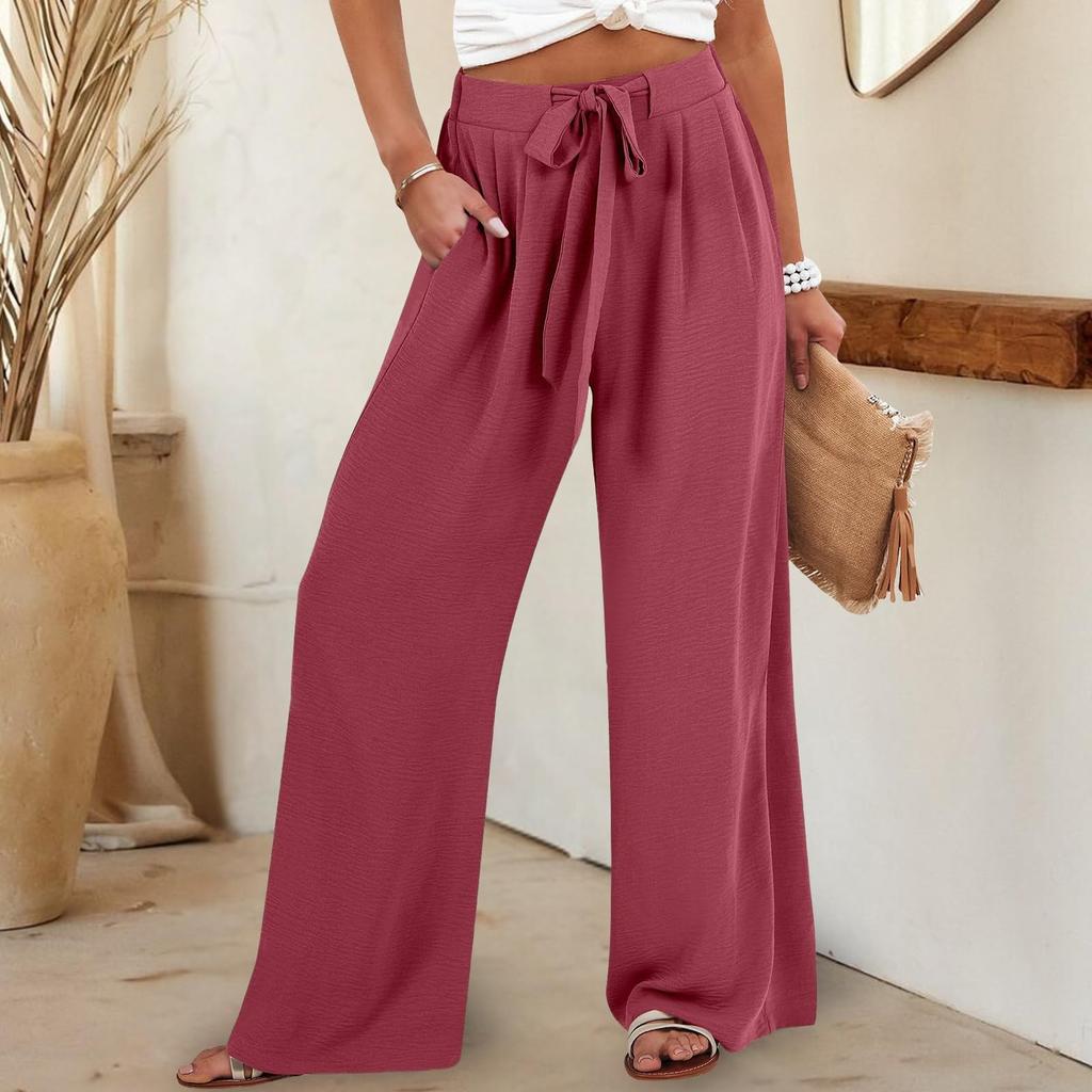 Womens Wide Leg Palazzo Pants High Waisted Adjustable Tie Knot Flowy Trousers Casual Loose Pant With Pockets